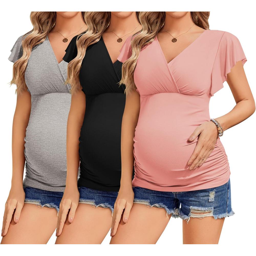 imageEkouaer Womens Maternity Shirts 3 Packs Nursing Tops Flying Short Sleeve Breastfeeding Tees Side Ruched Pregnancy ClothesLight Grey Black Orange Pink3pcs