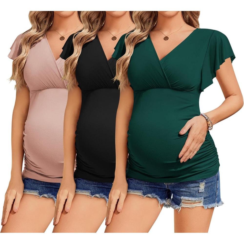 imageEkouaer Womens Maternity Shirts 3 Packs Nursing Tops Flying Short Sleeve Breastfeeding Tees Side Ruched Pregnancy ClothesPink Black Lake Green3pcs