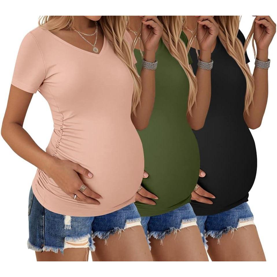 imageEkouaer Womens Maternity Shirts 3 Packs V Neck Tops Tunic Pregnancy Clothes Side Ruched Short Sleeve Casual T Shirt SXXLBlackArmy GreenDirty Pink
