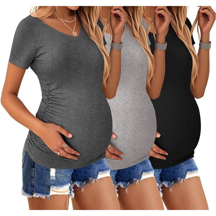 imageEkouaer Womens Maternity Shirts 3 Packs V Neck Tops Tunic Pregnancy Clothes Side Ruched Short Sleeve Casual T Shirt SXXLBlackDark GreyLight Grey