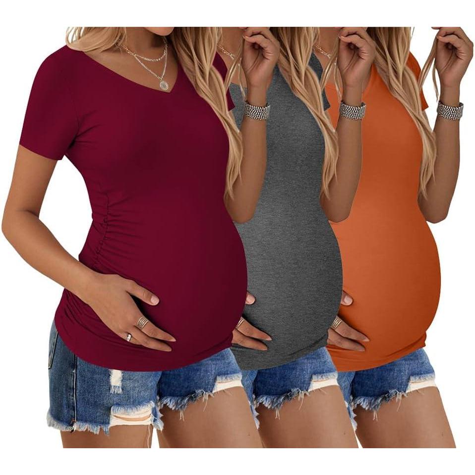 imageEkouaer Womens Maternity Shirts 3 Packs V Neck Tops Tunic Pregnancy Clothes Side Ruched Short Sleeve Casual T Shirt SXXLDark GreyMaroonCaramel