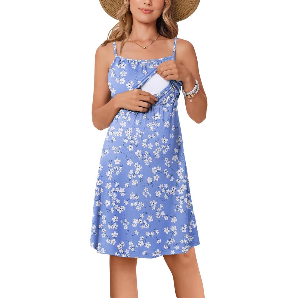 imageEkouaer Womens Sleeveless Nursing Dress Summer Breastfeeding Dresses Adjustable Strap Maternity ClothesBlue White Foral