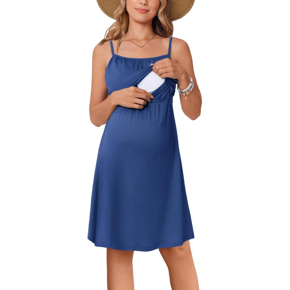 imageEkouaer Womens Sleeveless Nursing Dress Summer Breastfeeding Dresses Adjustable Strap Maternity ClothesDark Blue