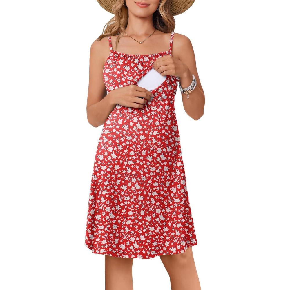 imageEkouaer Womens Sleeveless Nursing Dress Summer Breastfeeding Dresses Adjustable Strap Maternity ClothesRed Daisy Floral