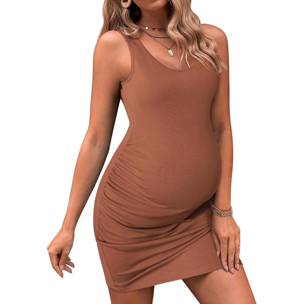imageEkouaer Womens Summer Maternity Dress Side Ruching Sleeveless Bodycon Dress Cute Pregnancy Dress SXXLLight Brown