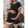 Ekouaer Maternity Pajamas 2 Piece Outfits Waffle Knit Short Sleeve Tops and Shorts Loungewear Set Pregnancy Clothes(Black)