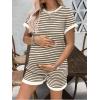 Ekouaer Maternity Pajamas 2 Piece Outfits Waffle Knit Short Sleeve Tops and Shorts Loungewear Set Pregnancy Clothes(Stripes Beige)