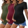 Ekouaer 3 Pack Women Soft Maternity Shirts Ribbed Knit Pregnancy Tops Curved Hem Postpartum Tees Short Sleeve Pregnant Tshirt(Black/Army Green/Dark Red)