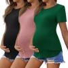 Ekouaer 3 Pack Women Soft Maternity Shirts Ribbed Knit Pregnancy Tops Curved Hem Postpartum Tees Short Sleeve Pregnant Tshirt(Black/Dirty Pink/Lake Green)
