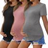 Ekouaer 3 Pack Women Soft Maternity Shirts Ribbed Knit Pregnancy Tops Curved Hem Postpartum Tees Short Sleeve Pregnant Tshirt(Black/Light Grey/Dirty Pink)