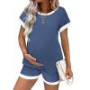 Ekouaer Maternity Pajamas 2 Piece Outfits Waffle Knit Short Sleeve Tops and Shorts Loungewear Set Pregnancy Clothes(Blue)