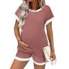 Ekouaer Maternity Pajamas 2 Piece Outfits Waffle Knit Short Sleeve Tops and Shorts Loungewear Set Pregnancy Clothes(Burgundy)