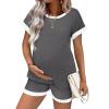 Ekouaer Maternity Pajamas 2 Piece Outfits Waffle Knit Short Sleeve Tops and Shorts Loungewear Set Pregnancy Clothes(Dark Grey)