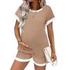 Ekouaer Maternity Pajamas 2 Piece Outfits Waffle Knit Short Sleeve Tops and Shorts Loungewear Set Pregnancy Clothes(Light Khaki)
