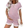 Ekouaer Maternity Pajamas 2 Piece Outfits Waffle Knit Short Sleeve Tops and Shorts Loungewear Set Pregnancy Clothes(Pink Print)