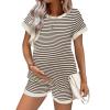 Ekouaer Maternity Pajamas 2 Piece Outfits Waffle Knit Short Sleeve Tops and Shorts Loungewear Set Pregnancy Clothes(Stripes Beige)