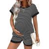 Ekouaer Maternity Pajamas 2 Piece Outfits Waffle Knit Short Sleeve Tops and Shorts Loungewear Set Pregnancy Clothes(Stripes Black)