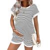 Ekouaer Maternity Pajamas 2 Piece Outfits Waffle Knit Short Sleeve Tops and Shorts Loungewear Set Pregnancy Clothes(Stripes White)