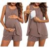 Ekouaer Women Maternity Nursing Pajama Set Breastfeeding Sleepwear Double Layer Sleeveless Top & Shorts Pregnancy PJS(Brown)