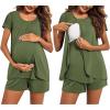 Ekouaer Women’s Maternity Nursing Pajamas Set Breastfeeding Sleepwear Double Layer Short Sleeve Top & Shorts Nursing Pjs(Army Green)