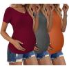 Ekouaer Womens Maternity Shirts 3 Packs V Neck Tops Tunic Pregnancy Clothes Side Ruched Short Sleeve Casual T Shirt S-XXL(Dark Grey/Maroon/Caramel)