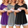 Ekouaer Womens Nursing Tops 3 Packs Short Sleeve Breastfeeding Shirts Double Layer Postpartum Shirt S-XXL(Black/Light Grey/Purple)