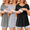 Ekouaer Womens Nursing Tops 3 Packs Short Sleeve Breastfeeding Shirts Double Layer Postpartum Shirt S-XXL(Black/Light Grey/Stripe)