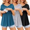 Ekouaer Womens Nursing Tops 3 Packs Short Sleeve Breastfeeding Shirts Double Layer Postpartum Shirt S-XXL(Black/Stripe/Lake Green)
