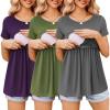 Ekouaer Womens Nursing Tops 3 Packs Short Sleeve Breastfeeding Shirts Double Layer Postpartum Shirt S-XXL(Purple&dark Gray&deep Green)