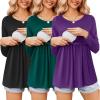 Ekouaer Women’s Nursing Tops Long Sleeve Nursing Shirts Double Layer Maternity Clothes 3 Packs Breastfeeding Shirts(Black/Purple/Lake Green)