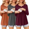 Ekouaer Women’s Nursing Tops Long Sleeve Nursing Shirts Double Layer Maternity Clothes 3 Packs Breastfeeding Shirts(Wine Red/Grey/Caramel)