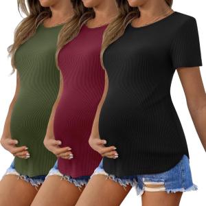 Ekouaer 3 Pack Women Soft Maternity Shirts Ribbed Knit Pregnancy Tops Curved Hem Postpartum Tees Short Sleeve Pregnant Tshirt(Black/Army Green/Dark Red)