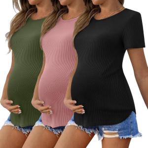 Ekouaer 3 Pack Women Soft Maternity Shirts Ribbed Knit Pregnancy Tops Curved Hem Postpartum Tees Short Sleeve Pregnant Tshirt(Black/Dirty Pink/Army Green)