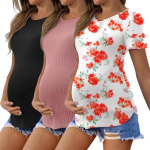Ekouaer 3 Pack Women Soft Maternity Shirts Ribbed Knit Pregnancy Tops Curved Hem Postpartum Tees Short Sleeve Pregnant Tshirt(Black/Dirty Pink/Floral White)