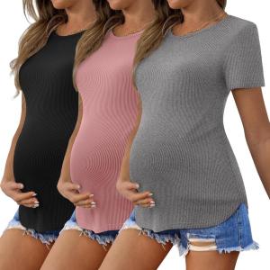 Ekouaer 3 Pack Women Soft Maternity Shirts Ribbed Knit Pregnancy Tops Curved Hem Postpartum Tees Short Sleeve Pregnant Tshirt(Black/Light Grey/Dirty Pink)