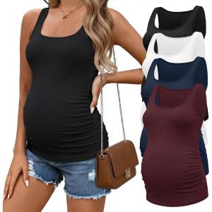 Ekouaer 4 Pack Maternity Tank Tops Ribbed Summer Pregnancy Shirts Ruch Side Tops Casual Square Neck Postpartum Clothes S-2XL(Black/Dark Red/Navy Blue/White)