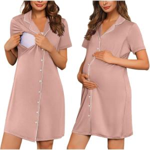Ekouaer Button Down Nursing Nightgown V Neck Breastfeeding Dress Short Sleeve Classic Maternity Pajamas(Pink)