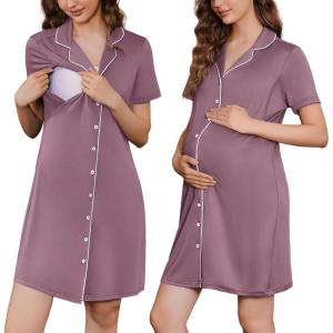 Ekouaer Button Down Nursing Nightgown V Neck Breastfeeding Dress Short Sleeve Classic Maternity Pajamas(Purple)
