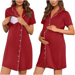 Ekouaer Button Down Nursing Nightgown V Neck Breastfeeding Dress Short Sleeve Classic Maternity Pajamas(Wine Red)