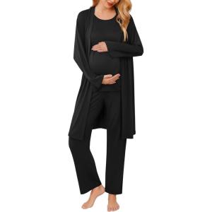 Ekouaer Maternity Nursing Robe Set 3 Pieces Sleeveless Top, Pregnancy Pants & Robe Double Layer Pajamas S-XXL(Black)
