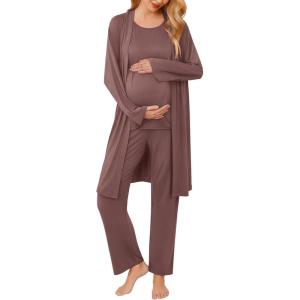 Ekouaer Maternity Nursing Robe Set 3 Pieces Sleeveless Top, Pregnancy Pants & Robe Double Layer Pajamas S-XXL(Brown)