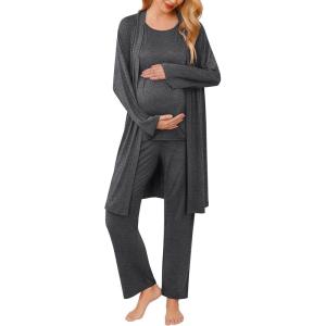Ekouaer Maternity Nursing Robe Set 3 Pieces Sleeveless Top, Pregnancy Pants & Robe Double Layer Pajamas S-XXL(Dark Gray)