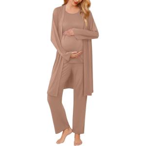Ekouaer Maternity Nursing Robe Set 3 Pieces Sleeveless Top, Pregnancy Pants & Robe Double Layer Pajamas S-XXL(Khaki)