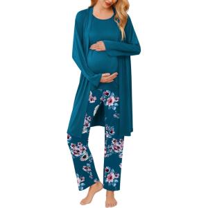 Ekouaer Maternity Nursing Robe Set 3 Pieces Sleeveless Top, Pregnancy Pants & Robe Double Layer Pajamas S-XXL(Lake Blue)