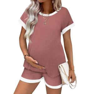 Ekouaer Maternity Pajamas 2 Piece Outfits Waffle Knit Short Sleeve Tops and Shorts Loungewear Set Pregnancy Clothes(Burgundy)