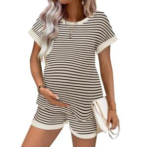 Ekouaer Maternity Pajamas 2 Piece Outfits Waffle Knit Short Sleeve Tops and Shorts Loungewear Set Pregnancy Clothes(Stripes Beige)
