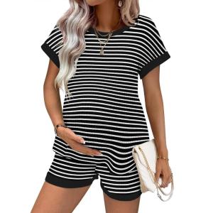 Ekouaer Maternity Pajamas 2 Piece Outfits Waffle Knit Short Sleeve Tops and Shorts Loungewear Set Pregnancy Clothes(Stripes Black)