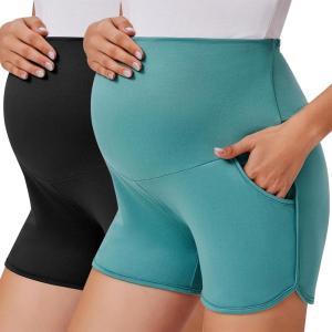 Ekouaer Maternity Shorts Over The Belly Pregnancy Lounge Summer Workout Pajama Sleep Shorts with Pockets(Black/Green)