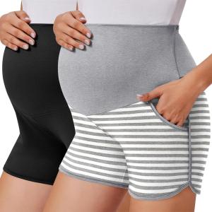 Ekouaer Maternity Shorts Over The Belly Pregnancy Lounge Summer Workout Pajama Sleep Shorts with Pockets(Black/Light Grey)