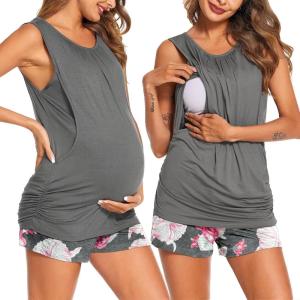 Ekouaer Women Maternity Nursing Pajama Set Breastfeeding Double Layer Pregnancy Pjs Set Sleeveless Top & Shorts with Pockets(B-flower Gray)